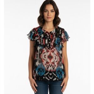 GNW Patterned Ruffle Sleeve Blouse, Women’s L, Black Red Blue